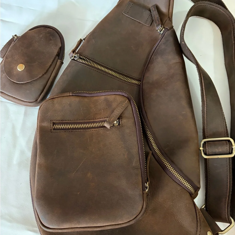 Vintage Distressed Leather Sling Backpack Crossbody Chest Bag Travel EDC Brown